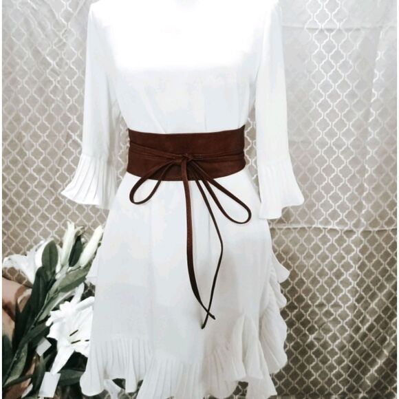 Plus size Brown Faux leather corset wide waist boho wrap obi dress class… - Picture 7 of 8